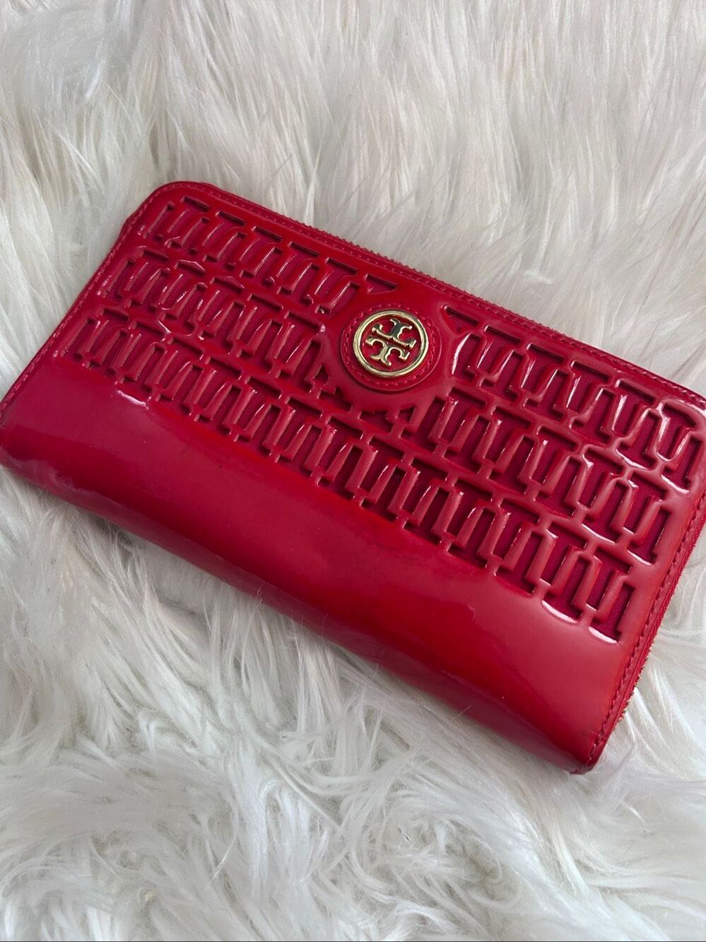 Tory Burch Red Patent Leather Gold Color Zipper Hardware Wallet